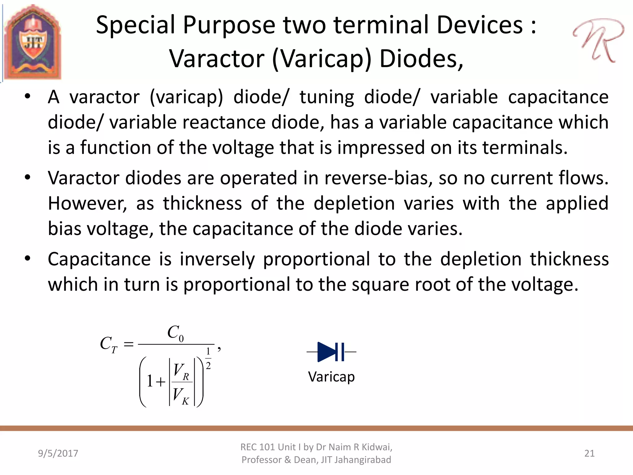 Special Purpose two terminal Devices :
Varactor (Varicap) Diodes,
• A varactor (varicap) diode/ tuning diode/ variable capacitance
diode/ variable reactance diode, has a variable capacitance which
is a function of the voltage that is impressed on its terminals.
• Varactor diodes are operated in reverse-bias, so no current flows.
However, as thickness of the depletion varies with the applied
bias voltage, the capacitance of the diode varies.
• Capacitance is inversely proportional to the depletion thickness
which in turn is proportional to the square root of the voltage.
9/5/2017
REC 101 Unit I by Dr Naim R Kidwai,
Professor & Dean, JIT Jahangirabad
21
Varicap
,
1
2
1
0










K
R
T
V
V
C
C
 