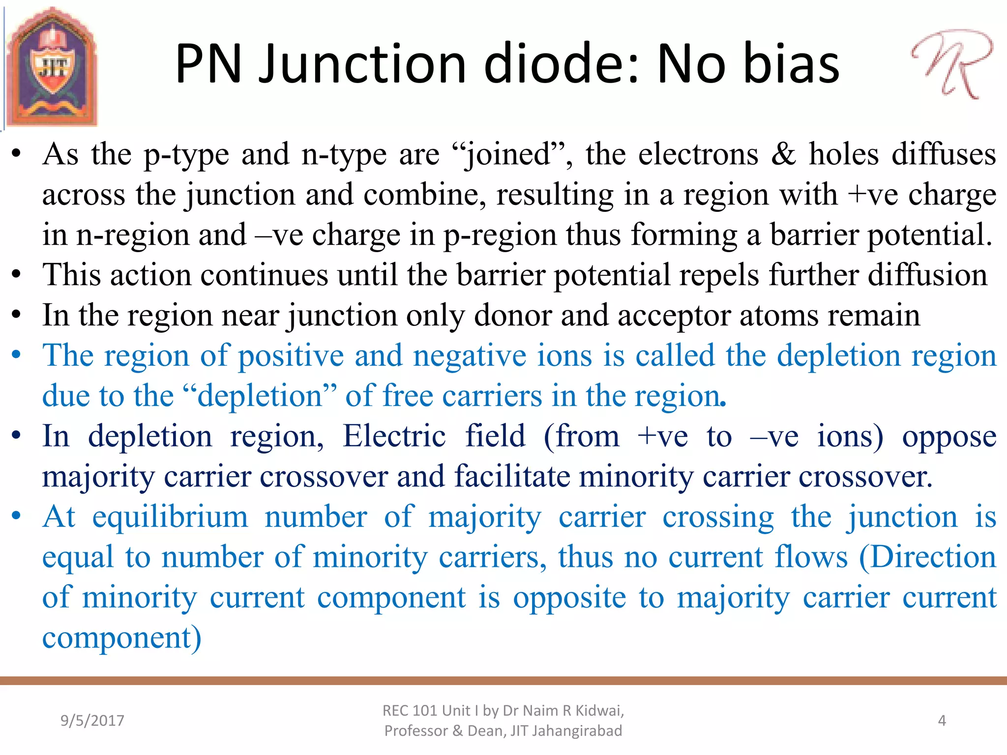 PN Junction diode: No bias
9/5/2017 4
REC 101 Unit I by Dr Naim R Kidwai,
Professor & Dean, JIT Jahangirabad
• As the p-type and n-type are “joined”, the electrons & holes diffuses
across the junction and combine, resulting in a region with +ve charge
in n-region and –ve charge in p-region thus forming a barrier potential.
• This action continues until the barrier potential repels further diffusion
• In the region near junction only donor and acceptor atoms remain
• The region of positive and negative ions is called the depletion region
due to the “depletion” of free carriers in the region.
• In depletion region, Electric field (from +ve to –ve ions) oppose
majority carrier crossover and facilitate minority carrier crossover.
• At equilibrium number of majority carrier crossing the junction is
equal to number of minority carriers, thus no current flows (Direction
of minority current component is opposite to majority carrier current
component)
 