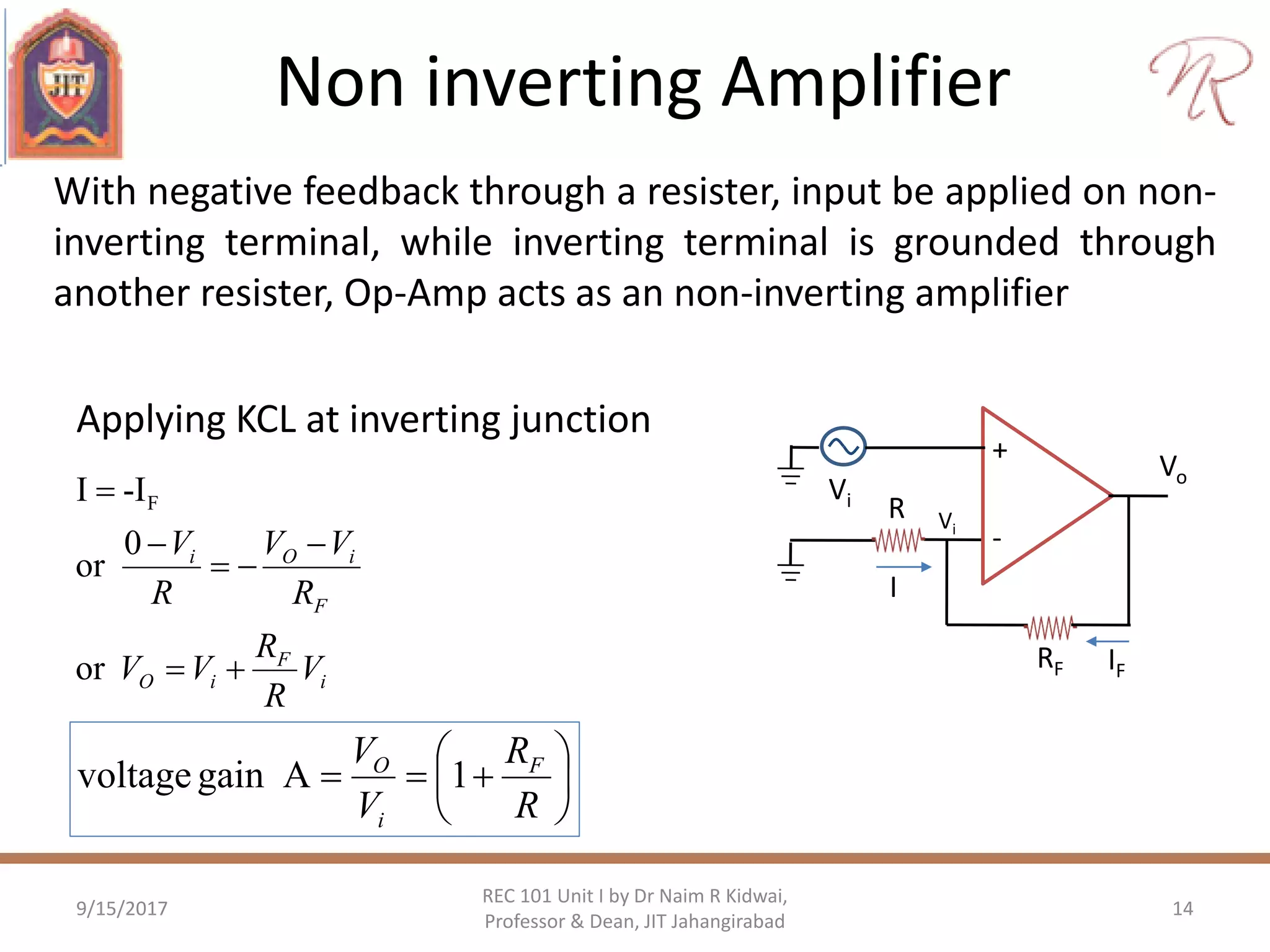 Non inverting Amplifier
9/15/2017 14
REC 101 Unit I by Dr Naim R Kidwai,
Professor & Dean, JIT Jahangirabad
Applying KCL at inverting junction
+
-
Vo
RF
Vi
R Vi
I
IF
i
F
iO
F
iOi
V
R
R
VV
R
VV
R
V





or
0
or
-II F







R
R
V
V F
i
O
1Againvoltage
With negative feedback through a resister, input be applied on non-
inverting terminal, while inverting terminal is grounded through
another resister, Op-Amp acts as an non-inverting amplifier
 
