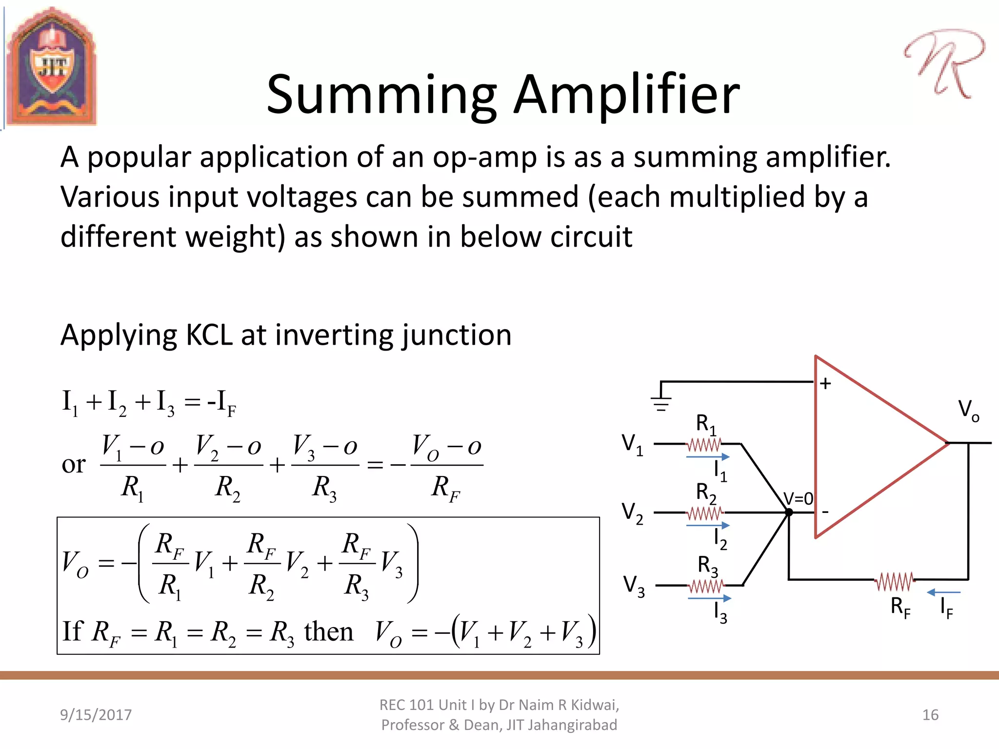 Summing Amplifier
A popular application of an op-amp is as a summing amplifier.
Various input voltages can be summed (each multiplied by a
different weight) as shown in below circuit
9/15/2017 16
REC 101 Unit I by Dr Naim R Kidwai,
Professor & Dean, JIT Jahangirabad
+
-
Vo
RF
R2 V=0
I2
IF
V2
R1
I1
V1
R3
I3
V3
Applying KCL at inverting junction
F
O
R
oV
R
oV
R
oV
R
oV 







3
3
2
2
1
1
F321
or
-IIII
 321321
3
3
2
2
1
1
thenIf VVVVRRRR
V
R
R
V
R
R
V
R
R
V
OF
FFF
O








 