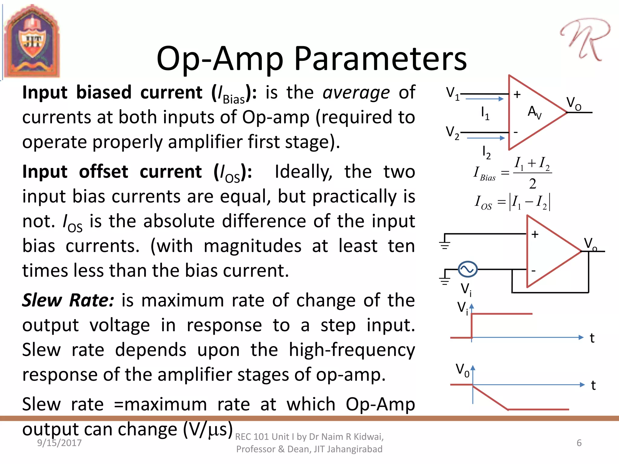 Op-Amp Parameters
Input biased current (IBias): is the average of
currents at both inputs of Op-amp (required to
operate properly amplifier first stage).
Input offset current (IOS): Ideally, the two
input bias currents are equal, but practically is
not. IOS is the absolute difference of the input
bias currents. (with magnitudes at least ten
times less than the bias current.
Slew Rate: is maximum rate of change of the
output voltage in response to a step input.
Slew rate depends upon the high-frequency
response of the amplifier stages of op-amp.
Slew rate =maximum rate at which Op-Amp
output can change (V/s)
9/15/2017 6
REC 101 Unit I by Dr Naim R Kidwai,
Professor & Dean, JIT Jahangirabad
+
-
AV
VO
V1
V2
I2
I1
2
21 II
IBias


21 IIIOS 
+
-
Vo
Vi
t
Vi
t
V0
 
