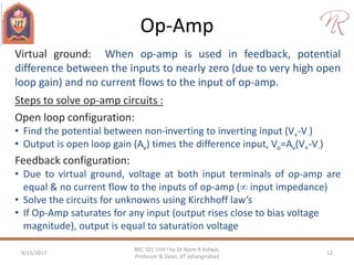 Op-Amp
9/15/2017 12
REC 101 Unit I by Dr Naim R Kidwai,
Professor & Dean, JIT Jahangirabad
Virtual ground: When op-amp is used in feedback, potential
difference between the inputs to nearly zero (due to very high open
loop gain) and no current flows to the input of op-amp.
Steps to solve op-amp circuits :
Open loop configuration:
• Find the potential between non-inverting to inverting input (V+-V-)
• Output is open loop gain (Av) times the difference input, Vo=Av(V+-V-)
Feedback configuration:
• Due to virtual ground, voltage at both input terminals of op-amp are
equal & no current flow to the inputs of op-amp ( input impedance)
• Solve the circuits for unknowns using Kirchhoff law’s
• If Op-Amp saturates for any input (output rises close to bias voltage
magnitude), output is equal to saturation voltage
 