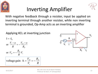 Inverting Amplifier
Applying KCL at inverting junction
9/15/2017 13
REC 101 Unit I by Dr Naim R Kidwai,
Professor & Dean, JIT Jahangirabad
+
-
Vo
RF
Vi
R V=0
I
IF
i
F
O
F
Oi
V
R
R
V
R
oV
R
oV





or
or
-II F
R
R
V
V F
i
O
Againvoltage
With negative feedback through a resister, input be applied on
inverting terminal through another resister, while non inverting
terminal is grounded, Op-Amp acts as an inverting amplifier
 