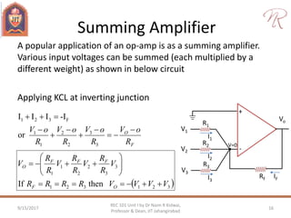 Summing Amplifier
A popular application of an op-amp is as a summing amplifier.
Various input voltages can be summed (each multiplied by a
different weight) as shown in below circuit
9/15/2017 16
REC 101 Unit I by Dr Naim R Kidwai,
Professor & Dean, JIT Jahangirabad
+
-
Vo
RF
R2 V=0
I2
IF
V2
R1
I1
V1
R3
I3
V3
Applying KCL at inverting junction
F
O
R
oV
R
oV
R
oV
R
oV 







3
3
2
2
1
1
F321
or
-IIII
 321321
3
3
2
2
1
1
thenIf VVVVRRRR
V
R
R
V
R
R
V
R
R
V
OF
FFF
O








 