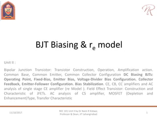 BJT Biasing & re model
Unit II :
Bipolar Junction Transistor: Transistor Construction, Operation, Amplification action.
Common Base, Common Emitter, Common Collector Configuration DC Biasing BJTs:
Operating Point, Fixed-Bias, Emitter Bias, Voltage-Divider Bias Configuration. Collector
Feedback, Emitter-Follower Configuration. Bias Stabilization. CE, CB, CC amplifiers and AC
analysis of single stage CE amplifier (re Model ). Field Effect Transistor: Construction and
Characteristic of JFETs. AC analysis of CS amplifier, MOSFET (Depletion and
Enhancement)Type, Transfer Characteristic
11/10/2017 1
REC 101 Unit II by Dr Naim R Kidwai,
Professor & Dean, JIT Jahangirabad
 