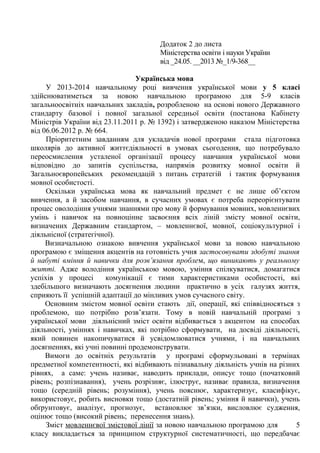 Додаток 2 до листа
Міністерства освіти і науки України
від _24.05. __2013 №_1/9-368__
Українська мова
У 2013-2014 навчальному році вивчення української мови у 5 класі
здійснюватиметься за новою навчальною програмою для 5-9 класів
загальноосвітніх навчальних закладів, розробленою на основі нового Державного
стандарту базової і повної загальної середньої освіти (постанова Кабінету
Міністрів України від 23.11.2011 р. № 1392) і затвердженою наказом Міністерства
від 06.06.2012 р. № 664.
Пріоритетним завданням для укладачів нової програми стала підготовка
школярів до активної життєдіяльності в умовах сьогодення, що потребувало
переосмислення усталеної організації процесу навчання української мови
відповідно до запитів суспільства, напрямів розвитку мовної освіти й
Загальноєвропейських рекомендацій з питань стратегій і тактик формування
мовної особистості.
Оскільки українська мова як навчальний предмет є не лише об’єктом
вивчення, а й засобом навчання, в сучасних умовах є потреба переорієнтувати
процес оволодіння учнями знаннями про мову й формування мовних, мовленнєвих
умінь і навичок на повноцінне засвоєння всіх ліній змісту мовної освіти,
визначених Державним стандартом, – мовленнєвої, мовної, соціокультурної і
діяльнісної (стратегічної).
Визначальною ознакою вивчення української мови за новою навчальною
програмою є зміщення акцентів на готовність учня застосовувати здобуті знання
й набуті вміння й навички для розв’язання проблем, що виникають у реальному
житті. Адже володіння українською мовою, уміння спілкуватися, домагатися
успіхів у процесі комунікації є тими характеристиками особистості, які
здебільшого визначають досягнення людини практично в усіх галузях життя,
сприяють її успішній адаптації до мінливих умов сучасного світу.
Основним змістом мовної освіти стають дії, операції, які співвідносяться з
проблемою, що потрібно розв’язати. Тому в новій навчальній програмі з
української мови діяльнісний зміст освіти відбивається з акцентом на способах
діяльності, уміннях і навичках, які потрібно сформувати, на досвіді діяльності,
який повинен накопичуватися й усвідомлюватися учнями, і на навчальних
досягненнях, які учні повинні продемонструвати.
Вимоги до освітніх результатів у програмі сформульовані в термінах
предметної компетентності, які відбивають пізнавальну діяльність учнів на різних
рівнях, а саме: учень називає, наводить приклади, описує тощо (початковий
рівень; розпізнавання), учень розрізняє, ілюструє, називає правила, визначення
тощо (середній рівень; розуміння), учень пояснює, характеризує, класифікує,
використовує, робить висновки тощо (достатній рівень; уміння й навички), учень
обґрунтовує, аналізує, прогнозує, встановлює зв’язки, висловлює судження,
оцінює тощо (високий рівень; перенесення знань).
Зміст мовленнєвої змістової лінії за новою навчальною програмою для 5
класу викладається за принципом структурної систематичності, що передбачає
 