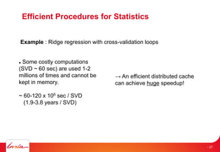 Efficient Procedures for Statistics
Example : Ridge regression with cross-validation loops
 Some costly computations
(SVD ~ 60 sec) are used 1-2
millions of times and cannot be
kept in memory.
~ 60-120 x 106 sec / SVD
(1.9-3.8 years / SVD)
→ An efficient distributed cache
can achieve huge speedup!
- 27
 