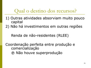 21
Qual o destino dos recursos?
1) Outras atividades absorviam muito pouco
capital
2) Não há investimentos em outras regiões
Renda de não-residentes (RLEE)
Coordenação perfeita entre produção e
comercialização
 Não houve superprodução
 