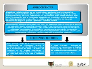 REFERENTES TEORICOS
ANTECCEDENTES
Este proyecto parte de la conceptualización
constructivista de competencia lectora, y
considera que ésta va más allá de leer textos y
de la memorización de datos; la lectura se
constituye en un proceso constructivo al
reconocerse que el significado no es propiedad
del texto, sino que el lector crea el significado
del texto
la teoría AUSUBEL. , aprender es
sinónimo de comprender e implica
una visión del aprendizaje basada en
los procesos internos del alumno y no
solo en sus respuestas externas.
El siguiente trabajo realizado por las organizaciones es el programa internacional de
evaluación de los estudiantes (PISA) uno de los más importantes para el país, que inicio
sus investigaciones en el año 1997 movido por los gobiernos de los países miembros de la
OCDE (Organización para la Cooperación y el Desarrollo Económico) el objetivo primordial
de estas organizaciones es supervisar el estado en que se encuentran los sistemas
educativos de los países que van a participar en dichas pruebas .
La primera forma de evaluación de la educación básica son las Pruebas Saber, las cuales son el resultado
de preparación, diseño, aplicación y evaluación del ICFES y el Ministerio de Educación Nacional. Su
contenido evalúa las áreas fundamentales, Estas pruebas están enfocadas a valorar las competencias
del lenguaje (comunicación), de matemáticas (razonamiento, argumentación, comunicación,
representación y modelación, planteamiento y resolución de problemas) y de ciencias naturales (uso
comprensivo del conocimiento científico, explicación de fenómenos, indagación).
 