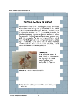 Portal de ajudas técnicas para educação




                           QUEBRA-CABEÇA DE CUBOS

                  Permite trabalhar com a percepção visual, preensão
                  e discriminação de figuras (parte/todo). Cada parte
                  do cubo apresenta uma figura, sendo possível montar
                  6 desenhos diferentes. O manuseio do cubo foi
                  idealizado para a coordenação com ambas as mãos
                  (bimanual). Indicado para alunos que apresentam
                  distrofia muscular. Por ser um material leve, não é
                  recomendado para alunos com paralisia cerebral do
                  tipo atetóide, que apresentam movimentos
                  involuntários. No caso desses alunos, seria
                  recomendado cubos mais pesados.



                                                     Descrição:
                                                     Este quebra-cabeça é
                                                     feito de caixa de papelão,
                                                     em formato de cubo,
                                                     plastificado e com
                                                     aplicação de figuras.




                  Adaptação: Elizabete Monteiro da Silva




                  Fonte: Laboratório de Educação Especial “Prof. Ernani Vidon”, Unesp,
                    Marília, SP.




 Recursos pedagógicos adaptados                    16
 