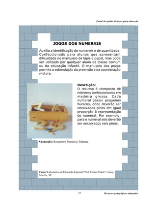 Portal de ajudas técnicas para educação




            JOGOS DOS NUMERAIS
Auxilia a identificação de numerais e de quantidade.
Confeccionado para alunos que apresentam
dificuldade no manuseio de lápis e papel, mas pode
ser utilizado por qualquer aluno da classe comum
ou da educação infantil. O manuseio das peças
permite a estimulação da preensão e da coordenação
motora.


                                  Descrição:
                                  O recurso é composto de
                                  números confeccionados em
                                  madeira grossa. Cada
                                  numeral possui pequenos
                                  buracos, onde deverão ser
                                  encaixados pinos em igual
                                  proporção à representação
                                  do numeral. Por exemplo:
                                  para o numeral seis deverão
                                  ser encaixados seis pinos.




Adaptação: Rosemeire Francisco Tabanez




Fonte: Laboratório de Educação Especial “Prof. Ernani Vidon”, Unesp,
Marília, SP.




                                   27                      Recursos pedagógicos adaptados
 