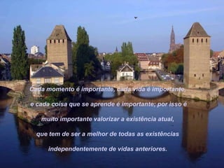 Cada momento é importante, cada vida é importante,

e cada coisa que se aprende é importante; por isso é

   muito importante valorizar a existência atual,

  que tem de ser a melhor de todas as existências

      independentemente de vidas anteriores.
 