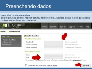 Preenchendo dados preencha os dados abaixo seu login, sua senha, repetir senha, nome e email. Depois clique na cx que aceita os termos e clique em continuar  