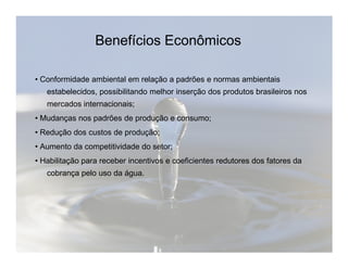 Benefícios Econômicos 
• Conformidade ambiental em relação a padrões e normas ambientais 
estabelecidos, possibilitando melhor inserção dos produtos brasileiros nos 
mercados internacionais; 
• Mudanças nos padrões de produção e consumo; 
• Redução ddooss ccuussttooss ddee pprroodduuççããoo;; 
• Aumento da competitividade do setor; 
• Habilitação para receber incentivos e coeficientes redutores dos fatores da 
cobrança pelo uso da água. 
 