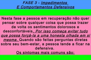 FASE 3 - Impedimentos
        E Comportamentos Defensivos


Nesta fase a pessoa em recuperação não quer
 pensar sobre qualquer coisa que possa trazer
     de volta os sentimentos dolorosos e
 desconfortáveis . Por isso começa evitar tudo
que possa forçá-la a uma honesta olhada em si
 mesma. Quando são feitas perguntas diretas
sobre seu bem-estar, a pessoa tende a ficar na
                   defensiva.
        Os sintomas mais comuns são:
 