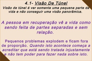 4.1- Visão De Túnel
Visão de túnel é ver somente uma pequena parte da
   vida e não conseguir uma visão panorâmica.


A pessoa em recuperação vê a vida como
 sendo feita de partes separadas e sem
                relação.

  Pequenos problemas explodem e ficam fora
de proporção. Quando isto acontece começa a
acreditar que está sendo tratada injustamente
 e não tem poder para fazer nada sobre isto.
 