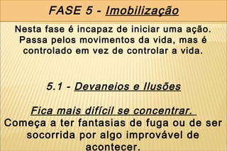FASE 5 - Imobilização
 Nesta fase é incapaz de iniciar uma ação.
  Passa pelos movimentos da vida, mas é
   controlado em vez de controlar a vida.



       5.1 - Devaneios e Ilusões

    Fica mais difícil se concentrar.
Começa a ter fantasias de fuga ou de ser
   socorrida por algo improvável de
               acontecer.
 