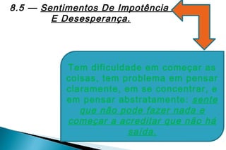 8.5 — Sentimentos De Impotência
        E Desesperança.




           Tem dificuldade em começar as
           coisas, tem problema em pensar
           claramente, em se concentrar, e
           em pensar abstratamente: sente
              que não pode fazer nada e
           começar a acreditar que não há
                        saída.
 