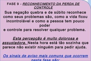 FASE 9 - RECONHECIMENTO DA PERDA DE
                CONTROLE
 Sua negação quebra e de súbito reconhece
como seus problemas são, como a vida ficou
  incontrolável e como a pessoa tem pouco
                    poder
e controle para resolver qualquer problema.

     Esta percepção é muito dolorosa e
assustadora. Nesta hora está tão sozinha que
parece não existir ninguém para pedir ajuda.

Os sinais de aviso mais comuns que ocorrem
 