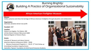 Burning Brightly:
Building A Practice of Organizational Sustainability
Mission:
Collect, preserve and share the heritage o...