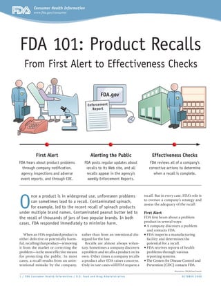 Consumer Health Information
         www.fda.gov/consumer




FDA 101: Product Recalls
   From First Alert to Effectiveness Checks




           First Alert                         Alerting the Public                     Effectiveness Checks
FDA hears about product problems           FDA posts regular updates about            FDA reviews all of a company’s
  through company notification,             recalls to its Web site, and all         corrective actions to determine
 agency inspections and adverse             recalls appear in the agency’s              when a recall is complete.
 event reports, and through CDC.             weekly Enforcement Reports.




O
      nce a product is in widespread use, unforeseen problems                     recall. But in every case, FDA’s role is
      can sometimes lead to a recall. Contaminated spinach,                       to oversee a company’s strategy and
                                                                                  assess the adequacy of the recall.
      for example, led to the recent recall of spinach products
under multiple brand names. Contaminated peanut butter led to                     First Alert
the recall of thousands of jars of two popular brands. In both                    FDA first hears about a problem
cases, FDA responded immediately to minimize harm.                                product in several ways:
                                                                                  • A company discovers a problem
                                                                                    and contacts FDA.
   When an FDA-regulated product is      rather than from an intentional dis-     • FDA inspects a manufacturing
either defective or potentially harm-    regard for the law.                        facility and determines the
ful, recalling that product—removing       Recalls are almost always volun-         potential for a recall.
it from the market or correcting the     tary. Sometimes a company discovers      • FDA receives reports of health
problem—is the most effective means      a problem and recalls a product on its     problems through various
for protecting the public. In most       own. Other times a company recalls         reporting systems.
cases, a recall results from an unin-    a product after FDA raises concerns.     • The Centers for Disease Control and
tentional mistake by the company,        Only in rare cases will FDA request a      Prevention (CDC) contacts FDA.
                                                                                                       Illustrations: FDA/Michael Ermarth


1 / FDA Consumer Health Information / U.S. Food and Drug Administration                                         OC TOBER 2009
 