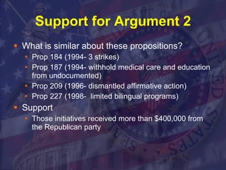 Support for Argument 2 What is similar about these propositions? Prop 184 (1994- 3 strikes) Prop 187 (1994- withhold medical care and education from undocumented) Prop 209 (1996- dismantled affirmative action) Prop 227 (1998-  limited bilingual programs) Support Those initiatives received more than $400,000 from the Republican party 