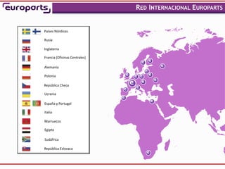 RED INTERNACIONAL EUROPARTS
                                                         ,




Países Nórdicos

Rusia

Inglaterra

Francia (Oficinas Centrales)

Alemania

Polonia

República Checa

Ucrania

España y Portugal

Italia

Marruecos

Egipto

Sudáfrica

República Eslovaca
 