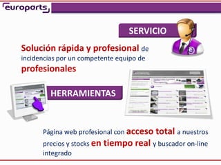 ,




                                 SERVICIO
Solución rápida y profesional de
incidencias por un competente equipo de
profesionales

         HERRAMIENTAS


      Página web profesional con acceso total a nuestros
      precios y stocks en tiempo   real y buscador on-line
      integrado
 