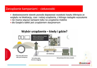 Zarządzanie kampaniami - ciekawostki
• dostosowywanie stawek pozwala dopasować wysokość kosztu kliknięcia ze
względu na lokalizację, czas i rodzaj urządzenia, z którego nastąpiło wyszukanie
• nie moŜna włączyć kampanii tylko na urządzenia mobilne
• dla Google’a tablet jest urządzeniem stacjonarnym

 