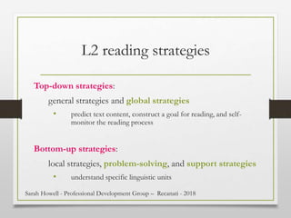 L2 reading strategies
Top-down strategies:
general strategies and global strategies
• predict text content, construct a goal for reading, and self-
monitor the reading process
Bottom-up strategies:
local strategies, problem-solving, and support strategies
• understand specific linguistic units
Sarah Howell - Professional Development Group – Recanati - 2018
 