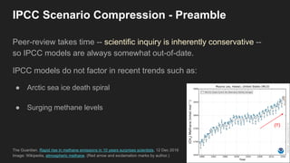 IPCC Scenario Compression - Preamble
Peer-review takes time -- scientific inquiry is inherently conservative --
so IPCC models are always somewhat out-of-date.
IPCC models do not factor in recent trends such as:
● Arctic sea ice death spiral
● Surging methane levels
The Guardian, Rapid rise in methane emissions in 10 years surprises scientists, 12 Dec 2016
Image: Wikipedia, atmospheric methane. (Red arrow and exclamation marks by author.)
(!!)
 