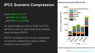 Given RE<C in 2016
and RE<<C in 2026
(and RE<<<C in 2100)
the author believes that by 2026, the IPCC
will focus more on lower-coal (and therefore
lower-emission) RCPs.
RCP8.5 probably first to be de-emphasized.
Could those researchers redirect efforts
towards a zero-coal RCP?
IPCC Scenario Compression
From https://skepticalscience.com/rcp.php?t=3
 