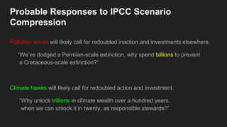 Probable Responses to IPCC Scenario
Compression
Pollution doves will likely call for redoubled inaction and investments elsewhere.
“We’ve dodged a Permian-scale extinction, why spend billions to prevent
a Cretaceous-scale extinction?”
Climate hawks will likely call for redoubled action and investment.
“Why unlock trillions in climate wealth over a hundred years,
when we can unlock it in twenty, as responsible stewards?”
 