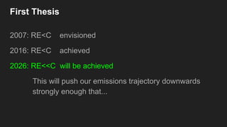 First Thesis
2007: RE<C envisioned
2016: RE<C achieved
2026: RE<<C will be achieved
This will push our emissions trajectory downwards
strongly enough that...
 