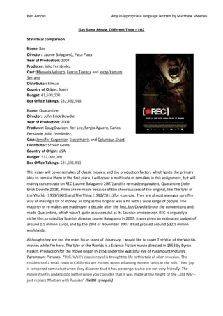 Ben Arnold                                          Any inappropriate language written by Matthew Sheeran


                               Gay Same Movie, Different Time – LO2

Statistical comparison

Name: Rec
Director: Jaume Balagueró, Paco Plaza
Year of Production: 2007
Producer: Julio Fernández
Cast: Manuela Velasco, Ferran Terraza and Jorge-Yamam
Serrano
Distributor: Filmax
Country of Origin: Spain
Budget: €1,500,000
Box Office Takings: $32,492,948

Name: Quarantine
Director: John Erick Dowdle
Year of Production: 2008
Producer: Doug Davison, Roy Lee, Sergio Aguero, Carlos
Fernánde ,Julio Fernández,
Cast: Jennifer Carpenter, Steve Harris and Columbus Short
Distributor: Screen Gems
Country of Origin: USA
Budget: $12,000,000
Box Office Takings: $31,691,811

This essay will cover remakes of classic movies, and the production factors which ignite the primary
idea to remake them in the first place. I will cover a multitude of remakes in this assignment, but will
mainly concentrate on REC (Jaume Balaguero 2007) and its re-made equivalent, Quarantine (John
Erick Dowdle 2008). Films are re-made because of the sheer success of the original, like The War of
the Worlds (1953/2005) and The Thing (1982/2011) for example. They are almost always a sure fire
way of making a lot of money, as long as the original was a hit with a wide range of people. The
majority of re-makes are made over a decade after the first, but Dowdle broke the conventions and
made Quarantine, which wasn’t quite as successful as its Spanish predecessor. REC is arguably a
niche film, created by Spanish director Jaume Balaguero in 2007. It was given an estimated budget of
around 1.5 million Euros, and by the 23rd of November 2007 it had grossed around $32.5 million
worldwide.

Although they are not the main focus point of this essay, I would like to cover The War of the Worlds
movies while I’m here. The War of the Worlds is a Science Fiction movie directed in 1953 by Byron
Haskin. Production for the movie began in 1951 under the watchful eye of Paramount Pictures
Paramount Pictures. “H.G. Well's classic novel is brought to life is this tale of alien invasion. The
residents of a small town in California are excited when a flaming meteor lands in the hills. Their joy
is tempered somewhat when they discover that it has passengers who are not very friendly. The
movie itself is understood better when you consider that it was made at the height of the Cold War--
just replace Martian with Russian” (IMDB synopsis)
 