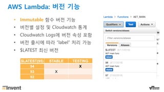 AWS Lambda: 버전 기능
• Immutable 함수 버전 기능
• 버전별 설정 및 Cloudwatch 통계
• Cloudwatch Logs에 버전 속성 포함
• 버전 출시에 따라 “label” 처리 가능
• $LATEST 최신 버전
$LATEST(95) STABLE TESTING
94 X
93 X
92
 