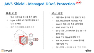 AWS Shield - Managed DDoS Protection
• 항시 네트워크 감시를 통한 감지
• Layer 3 혹은 4의 일상적 공격 패턴
감지 및 대응
• 모든 사용자에게 무료로 제공
표준 기능 고급 기능
• 대량 특수 공격에 대한 탐지 및 차단
• ELB, CloudFront, Route53 지원
• Layer 3 혹은 4의 특수 공격 대응
• AWS WAF 기능 포함
• 준 실시간 CloudWatch 알림 및 사후
분석 가능
• 24/7 전담 DDoS 대응팀 지원
• ELB, CF, Route53의 DDoS 공격에
대한 빌링 차단
• 월 3,000$ + 데이터 비용 (연간 계약)
 