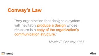 “Any organization that designs a system
will inevitably produce a design whose
structure is a copy of the organization’s
communication structure.”
Melvin E. Conway, 1967
Conway’s Law
 