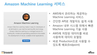 Amazon Machine Learning 서비스
• AWS에서 관리하는 제공하는
Machine Learning 서비스
• 간단한 API로 개발자도 쉽게 사용
• Amazon 내부 시스템 위에서 빠른
Machine Learning 기술 사용
• AWS에 저장된 데이터를 바로
사용하여 데이터 모델링
• 바로 Production으로 사용할 수
있도록 배포(Endpoint)
 