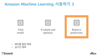 Train
model
Evaluate and
optimize
Retrieve
predictions
1 2 3
Amazon Machine Learning 사용하기 3
- 배치를 통한 예측
- 실시간 예측
 