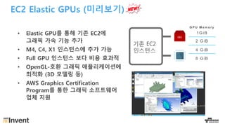 EC2 Elastic GPUs (미리보기)
• Elastic GPU를 통해 기존 EC2에
그래픽 가속 기능 추가
• M4, C4, X1 인스턴스에 추가 가능
• Full GPU 인스턴스 보다 비용 효과적
• OpenGL-호환 그래픽 애플리케이션에
최적화 (3D 모델링 등)
• AWS Graphics Certification
Program를 통한 그래픽 소프트웨어
업체 지원
1GiB
G P U M e m o r y
2 GiB
4 GiB
8 GiB
기존 EC2
인스턴스
 