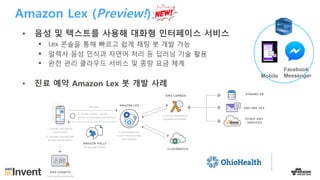 Amazon Lex (Preview!)
• 음성 및 텍스트를 사용해 대화형 인터페이스 서비스
§ Lex 콘솔을 통해 빠르고 쉽게 채팅 봇 개발 가능
§ 알렉사 음성 인식과 자연어 처리 등 딥러닝 기술 활용
§ 완전 관리 클라우드 서비스 및 종량 요금 체계
• 진료 예약 Amazon Lex 봇 개발 사례
Facebook
MessengerMobile
 