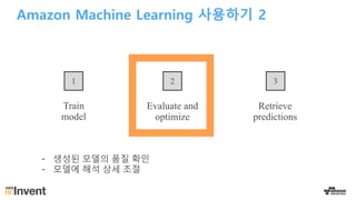 Train
model
Evaluate and
optimize
Retrieve
predictions
1 2 3
Amazon Machine Learning 사용하기 2
- 생성된 모델의 품질 확인
- 모델에 해석 상세 조절
 