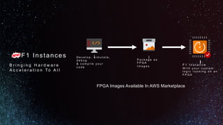 B r i n g i n g H a r d w a r e
A c c e l e r a t i o n To A l l
F1 Instances
FPGA Images Available In AWS Marketplace
F 1 I n s t a n c e
W i t h y o u r c u s t o m
l o g i c r u n n i n g o n a n
F P G A
D e v e l o p , s i m u l a t e ,
d e b u g
& c o m p i l e y o u r
c o d e
P a c k a g e a s
F P G A
I m a g e s
 