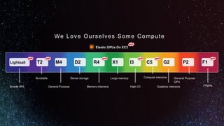 We Love Ourselves Some Compute
General Purpose
GPU
General Purpose
Dense storage Large memoryBurstable
Memory intensive High I/O
Compute intensive
Simple VPS FPGAs
P2M4 D2 X1 G2T2 R4 I3 C5Lightsail F1
Graphics intensive
Elastic GPUs On EC2
 