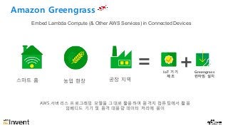 Amazon Greengrass
스마트 홈 농업 현장 공장 지역
Embed Lambda Compute (& Other AWS Services) in Connected Devices
AWS 서버리스 프로그래밍 모델을 그대로 활용하여 원격지 컴퓨팅에서 활용
임베디드 기기 및 원격 대용량 데이터 처리에 용이
IoT 기기
제조
Greengrass
런타임 설치
= +
 