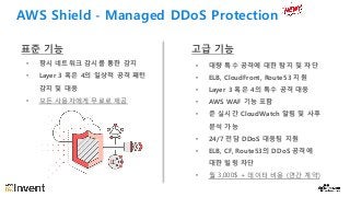 AWS Shield - Managed DDoS Protection
• 항시 네트워크 감시를 통한 감지
• Layer 3 혹은 4의 일상적 공격 패턴
감지 및 대응
• 모든 사용자에게 무료로 제공
표준 기능 고급 기능
• 대량 특수 공격에 대한 탐지 및 차단
• ELB, CloudFront, Route53 지원
• Layer 3 혹은 4의 특수 공격 대응
• AWS WAF 기능 포함
• 준 실시간 CloudWatch 알림 및 사후
분석 가능
• 24/7 전담 DDoS 대응팀 지원
• ELB, CF, Route53의 DDoS 공격에
대한 빌링 차단
• 월 3,000$ + 데이터 비용 (연간 계약)
 