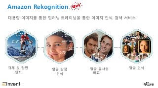 대용량 이미지를 통한 딥러닝 트레이닝을 통한 이미지 인식, 검색 서비스
객체 및 장면
인지
얼굴 감정
인식
얼굴 유사성
비교
얼굴 인식
Amazon Rekognition
 
