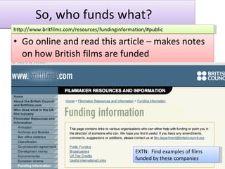 So, who funds what? Go online and read this article – makes notes on how British films are funded http://www.britfilms.com/resources/fundinginformation/#public EXTN:  Find examples of films funded by these companies 