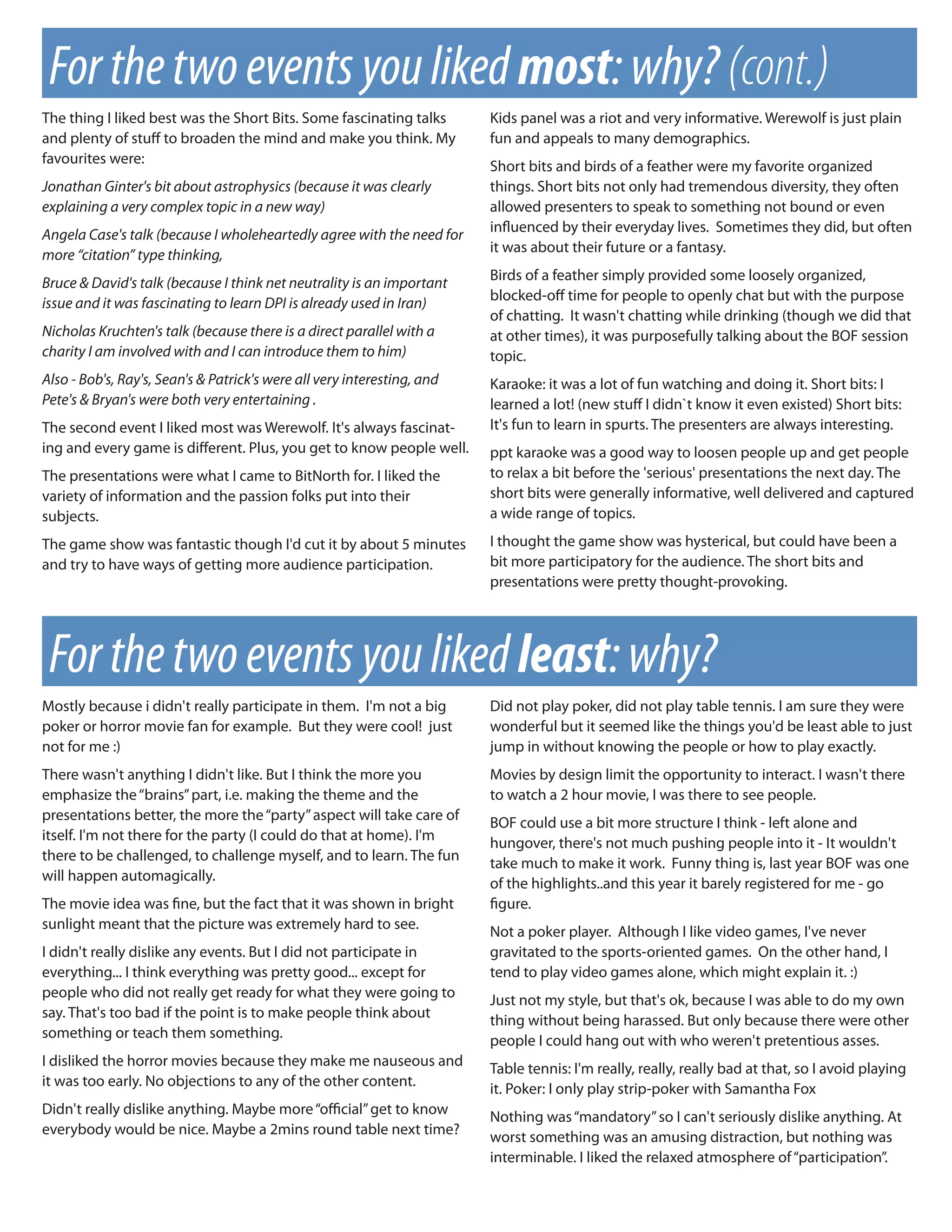 For the two events you liked most: why? (cont.)
The thing I liked best was the Short Bits. Some fascinating talks        Kids panel was a riot and very informative. Werewolf is just plain
and plenty of stu to broaden the mind and make you think. My             fun and appeals to many demographics.
favourites were:
                                                                         Short bits and birds of a feather were my favorite organized
Jonathan Ginter's bit about astrophysics (because it was clearly         things. Short bits not only had tremendous diversity, they often
explaining a very complex topic in a new way)                            allowed presenters to speak to something not bound or even
Angela Case's talk (because I wholeheartedly agree with the need for     in uenced by their everyday lives. Sometimes they did, but often
more “citation” type thinking,                                           it was about their future or a fantasy.

Bruce & David's talk (because I think net neutrality is an important     Birds of a feather simply provided some loosely organized,
issue and it was fascinating to learn DPI is already used in Iran)       blocked-o time for people to openly chat but with the purpose
                                                                         of chatting. It wasn't chatting while drinking (though we did that
Nicholas Kruchten's talk (because there is a direct parallel with a      at other times), it was purposefully talking about the BOF session
charity I am involved with and I can introduce them to him)              topic.
Also - Bob's, Ray's, Sean's & Patrick's were all very interesting, and   Karaoke: it was a lot of fun watching and doing it. Short bits: I
Pete's & Bryan's were both very entertaining .                           learned a lot! (new stu I didn`t know it even existed) Short bits:
The second event I liked most was Werewolf. It's always fascinat-        It's fun to learn in spurts. The presenters are always interesting.
ing and every game is di erent. Plus, you get to know people well.       ppt karaoke was a good way to loosen people up and get people
The presentations were what I came to BitNorth for. I liked the          to relax a bit before the 'serious' presentations the next day. The
variety of information and the passion folks put into their              short bits were generally informative, well delivered and captured
subjects.                                                                a wide range of topics.
The game show was fantastic though I'd cut it by about 5 minutes         I thought the game show was hysterical, but could have been a
and try to have ways of getting more audience participation.             bit more participatory for the audience. The short bits and
                                                                         presentations were pretty thought-provoking.




 For the two events you liked least: why?
Mostly because i didn't really participate in them. I'm not a big        Did not play poker, did not play table tennis. I am sure they were
poker or horror movie fan for example. But they were cool! just          wonderful but it seemed like the things you'd be least able to just
not for me :)                                                            jump in without knowing the people or how to play exactly.
There wasn't anything I didn't like. But I think the more you            Movies by design limit the opportunity to interact. I wasn't there
emphasize the “brains” part, i.e. making the theme and the               to watch a 2 hour movie, I was there to see people.
presentations better, the more the “party” aspect will take care of      BOF could use a bit more structure I think - left alone and
itself. I'm not there for the party (I could do that at home). I'm       hungover, there's not much pushing people into it - It wouldn't
there to be challenged, to challenge myself, and to learn. The fun       take much to make it work. Funny thing is, last year BOF was one
will happen automagically.                                               of the highlights..and this year it barely registered for me - go
The movie idea was ne, but the fact that it was shown in bright           gure.
sunlight meant that the picture was extremely hard to see.               Not a poker player. Although I like video games, I've never
I didn't really dislike any events. But I did not participate in         gravitated to the sports-oriented games. On the other hand, I
everything... I think everything was pretty good... except for           tend to play video games alone, which might explain it. :)
people who did not really get ready for what they were going to          Just not my style, but that's ok, because I was able to do my own
say. That's too bad if the point is to make people think about           thing without being harassed. But only because there were other
something or teach them something.                                       people I could hang out with who weren't pretentious asses.
I disliked the horror movies because they make me nauseous and           Table tennis: I'm really, really, really bad at that, so I avoid playing
it was too early. No objections to any of the other content.             it. Poker: I only play strip-poker with Samantha Fox
Didn't really dislike anything. Maybe more “o cial” get to know          Nothing was “mandatory” so I can't seriously dislike anything. At
everybody would be nice. Maybe a 2mins round table next time?            worst something was an amusing distraction, but nothing was
                                                                         interminable. I liked the relaxed atmosphere of “participation”.
 